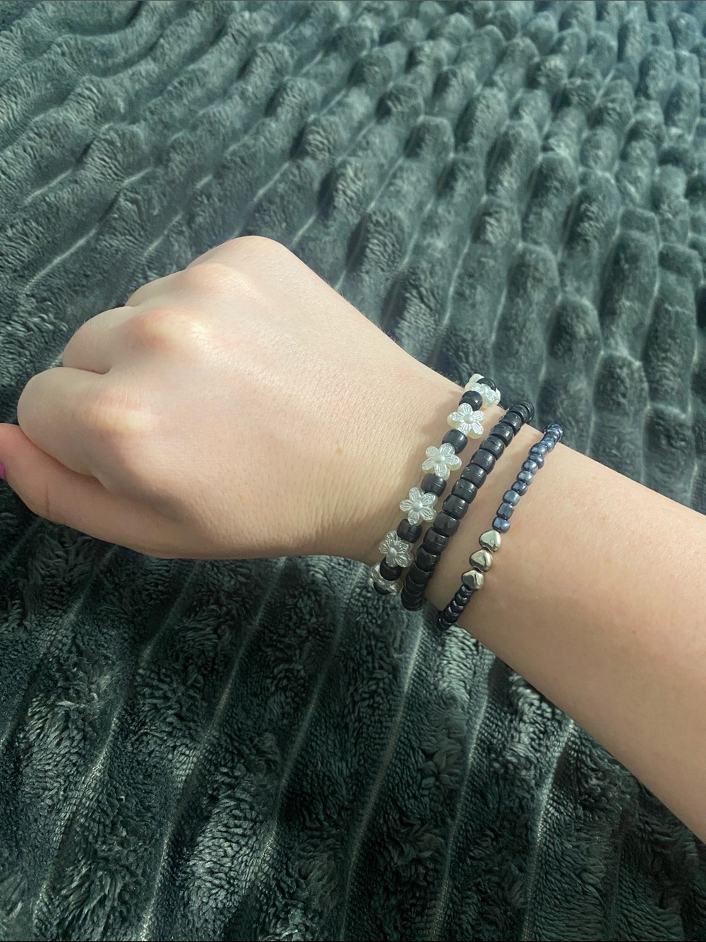 Three-Piece Black & Silver Beaded Bracelet Set — Women Jewelry